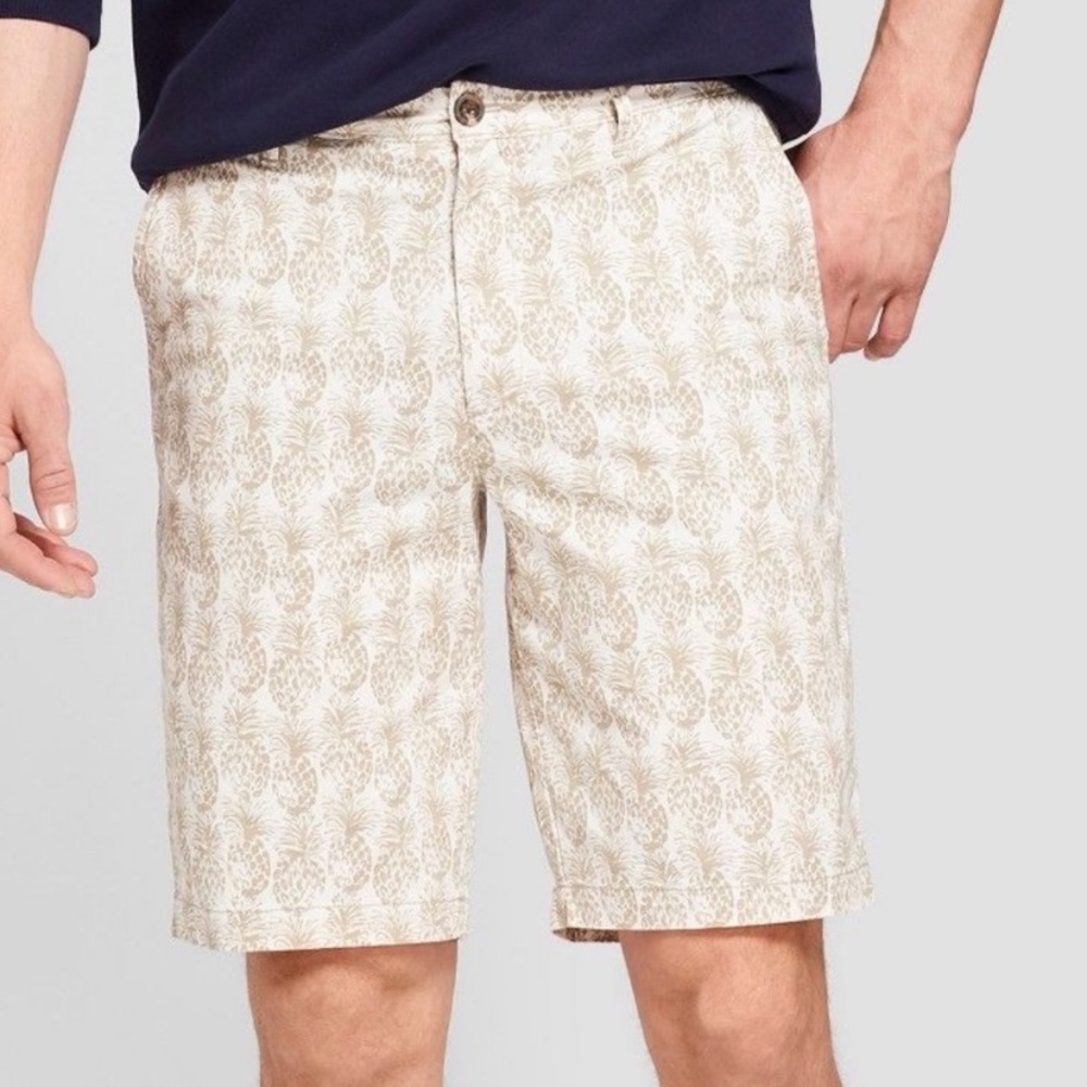 Tan and White Pineapple Pattern Flat Front Shorts
